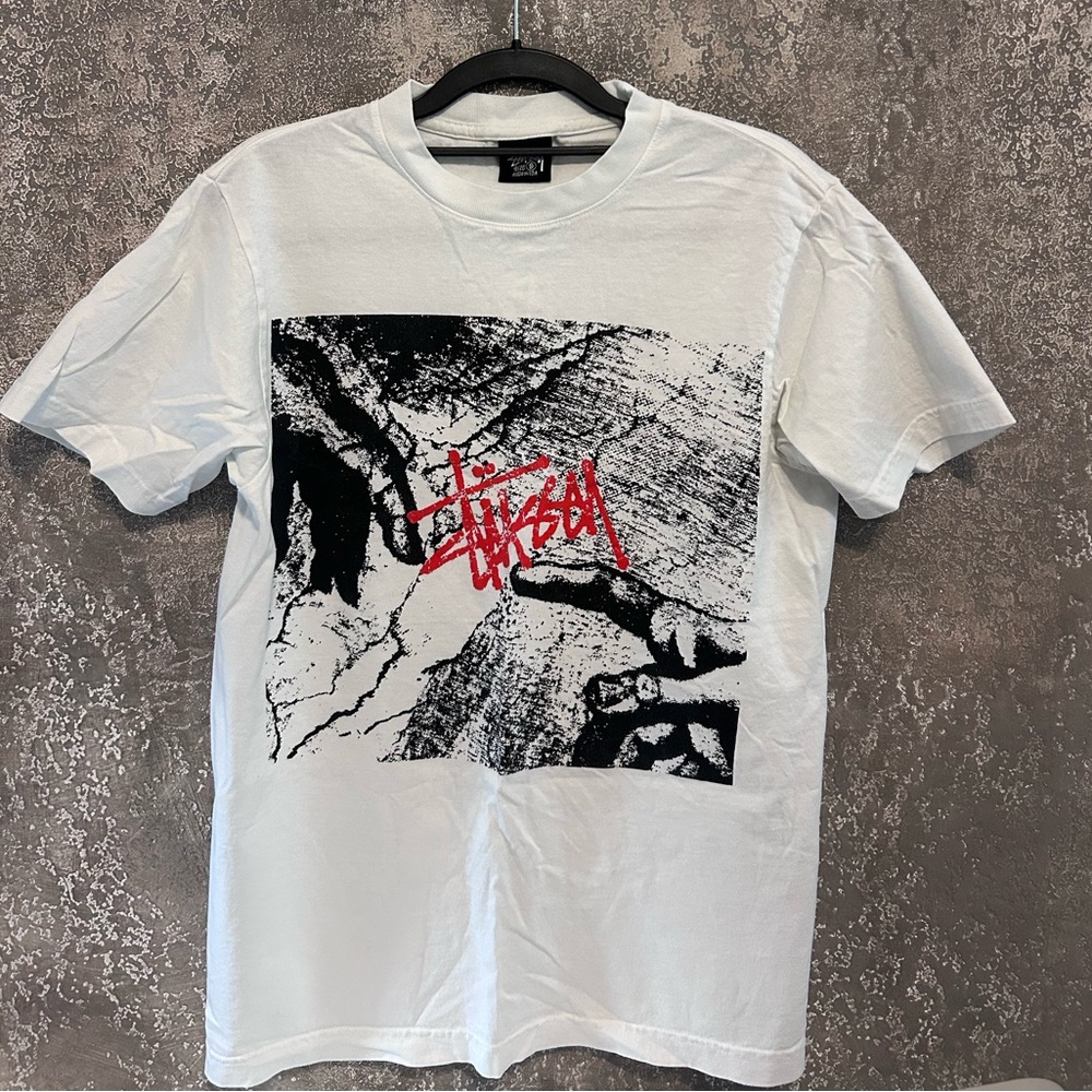 Stussy White and Black Graphic Tee